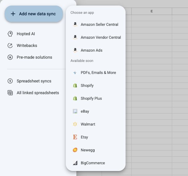 The Add new data sync menu lists Amazon Seller Central, Amazon Vendor Central and Amazon Ads above Available soon services