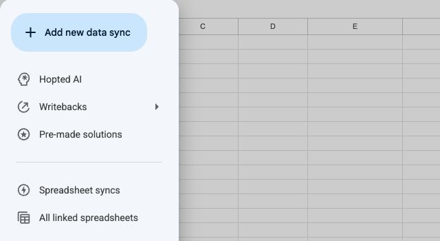Hopted menu with Add new data sync, Hopted AI, Writebacks and Spreadsheet syncs