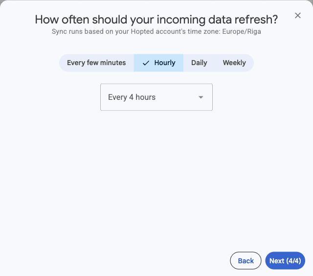 Refresh schedule dialog showing Every few minutes, Hourly, Daily and Weekly, with Every 4 hours selected
