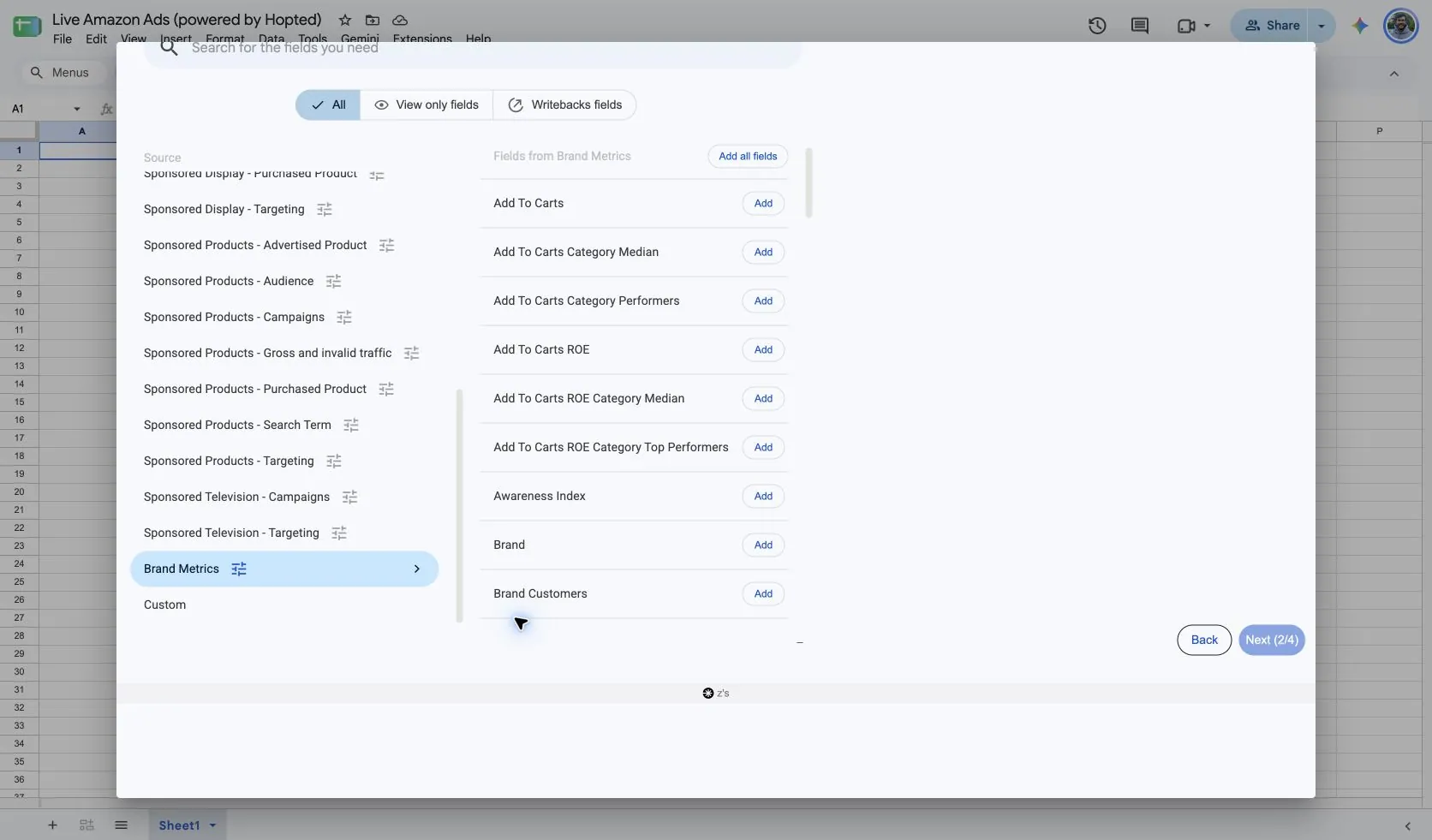 Choose Brand Metrics and its fields in Hopted inside Google Sheets