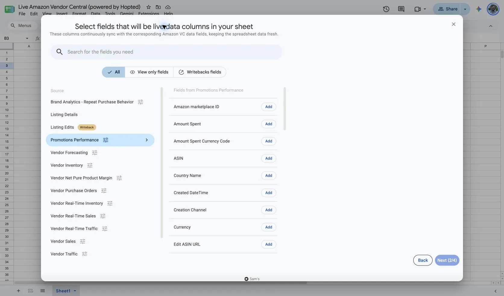Wybierz pola Promotions Performance w Hopted wewnątrz arkusza Google Sheets dla Vendor Central