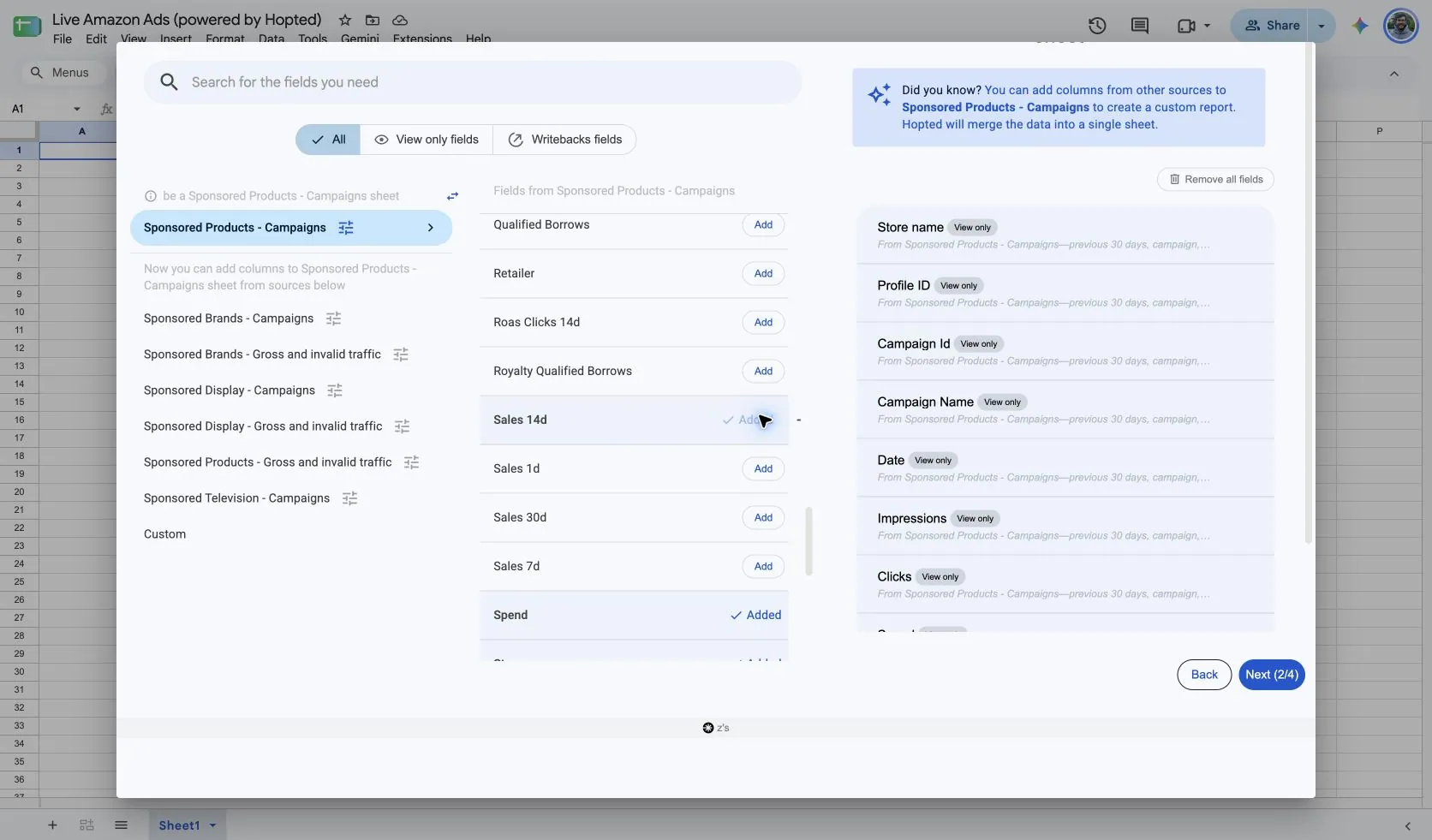 Choose Sponsored Products campaign columns in Google Sheets