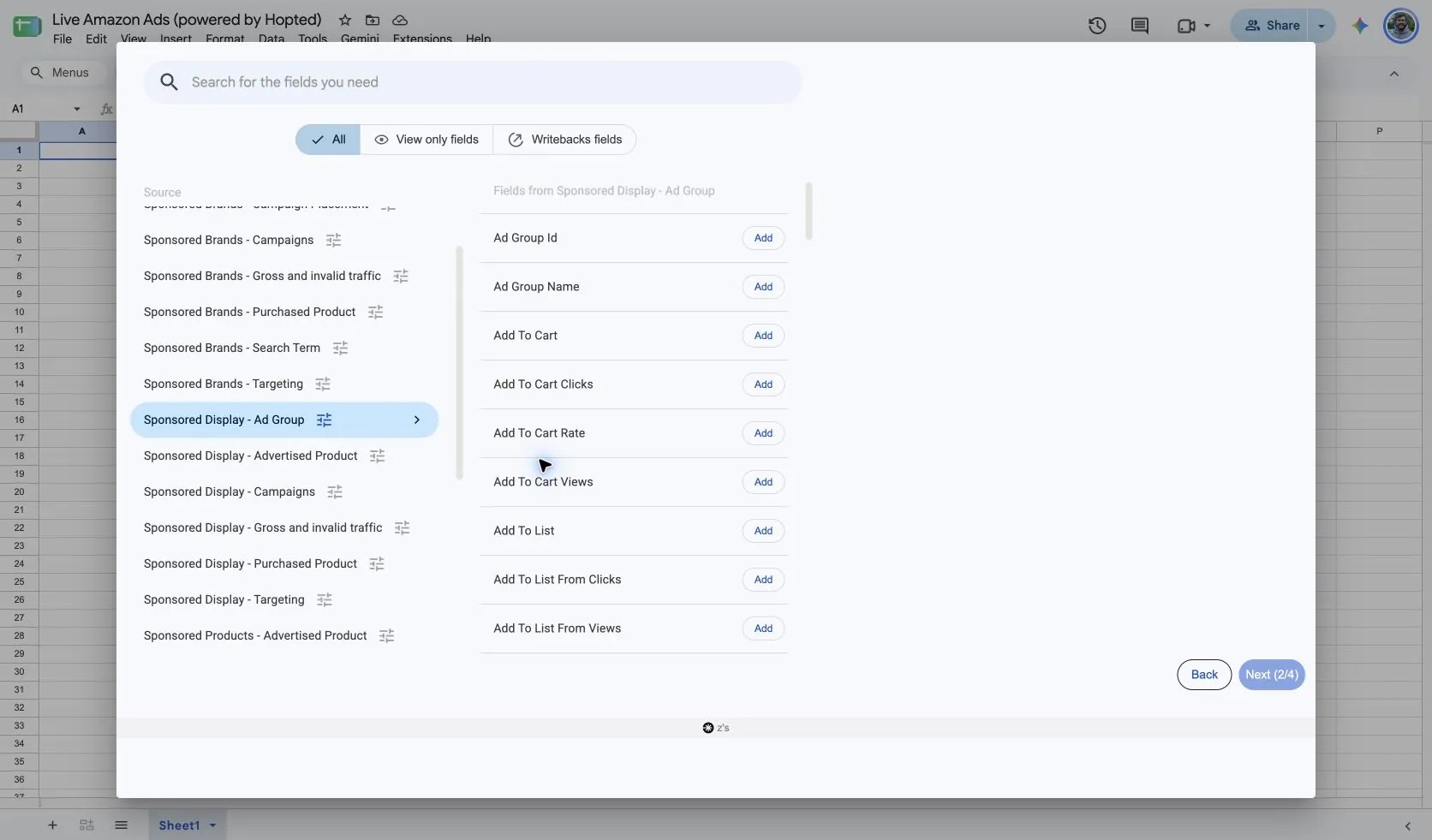 Choose Sponsored Display - Ad Group and its fields in Hopted inside Google Sheets