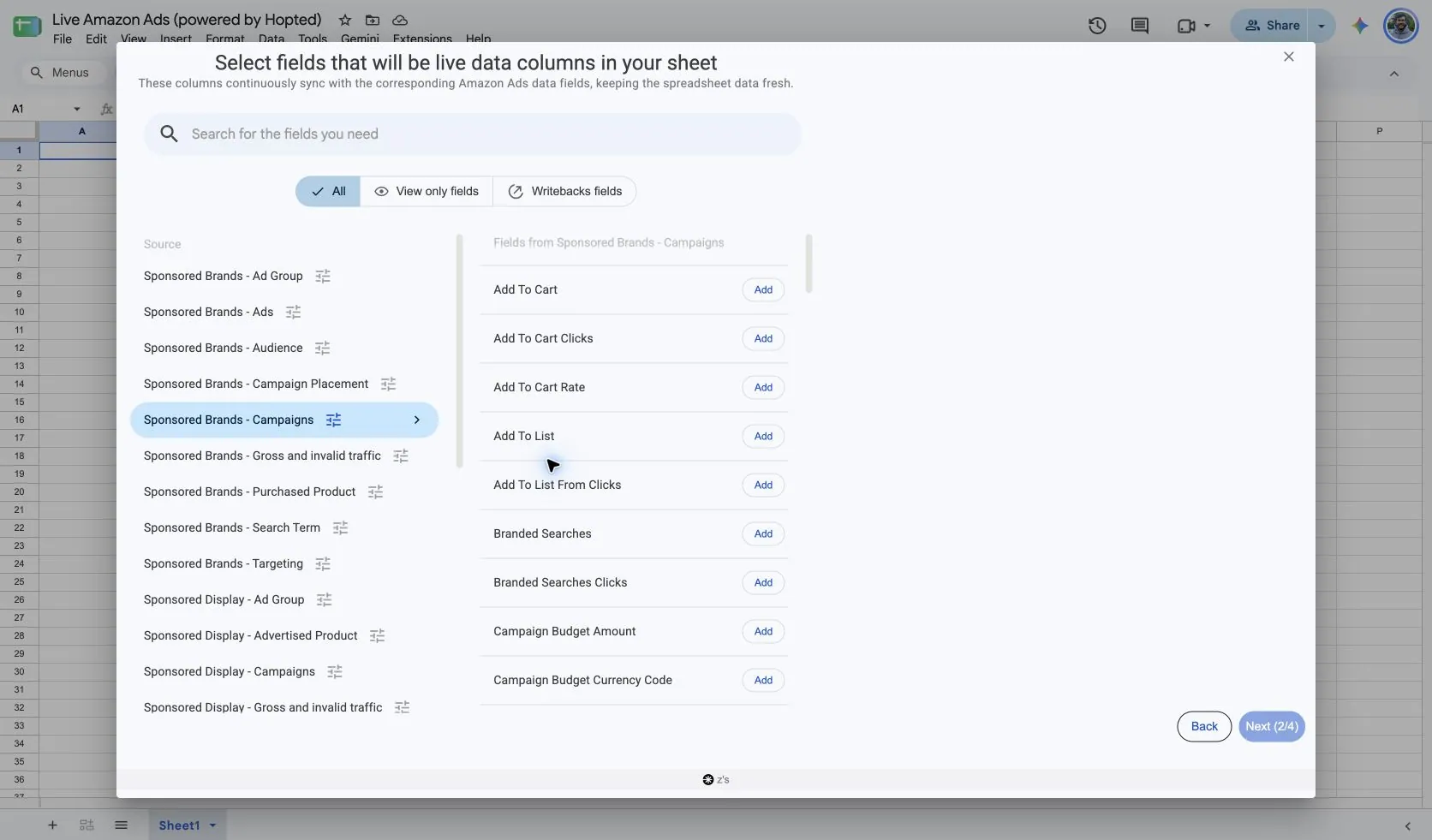 Choose Sponsored Brands - Campaigns and its fields in Hopted inside Google Sheets