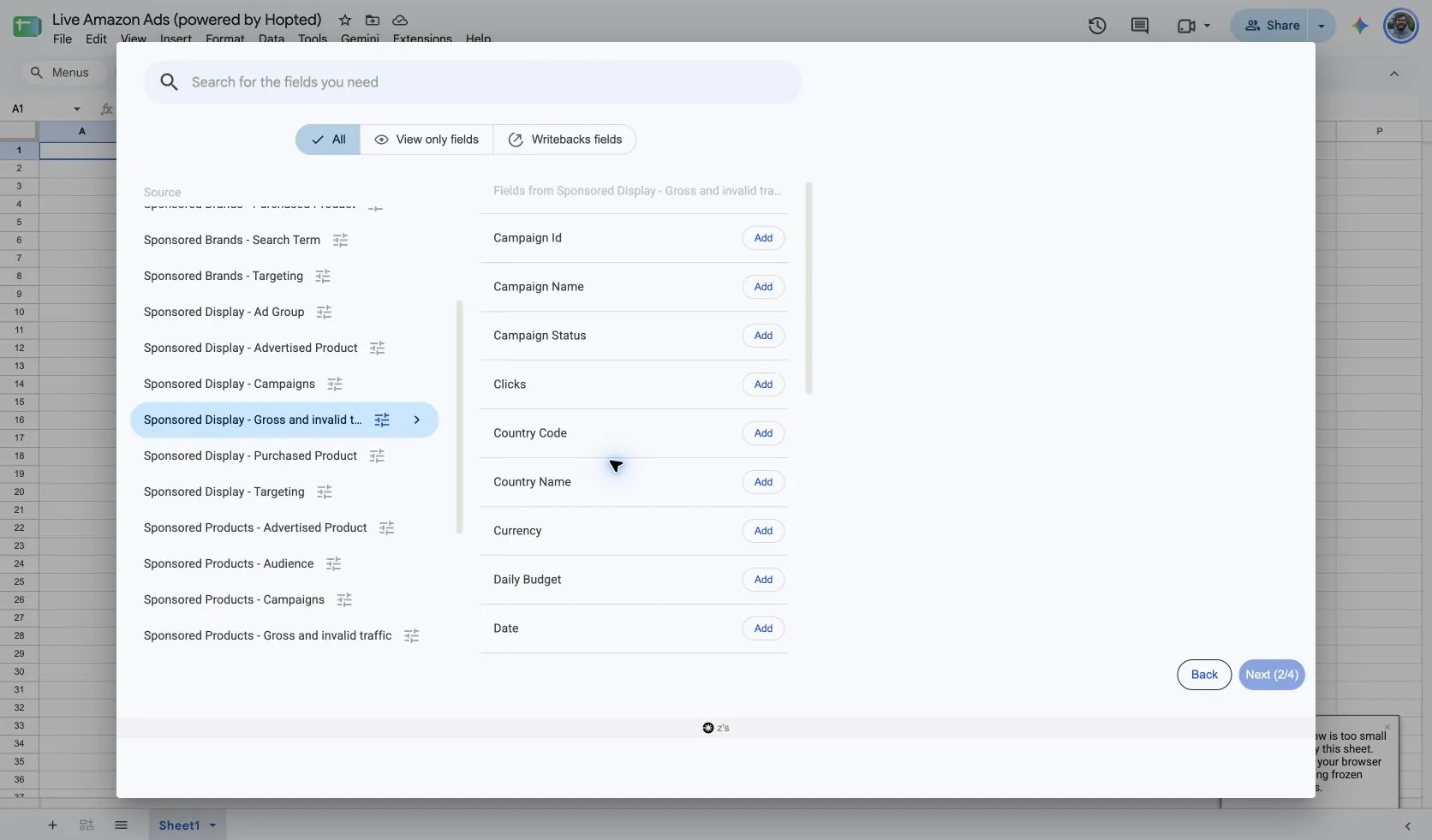 Choose Sponsored Display - Gross and invalid traffic and its fields in Hopted inside Google Sheets