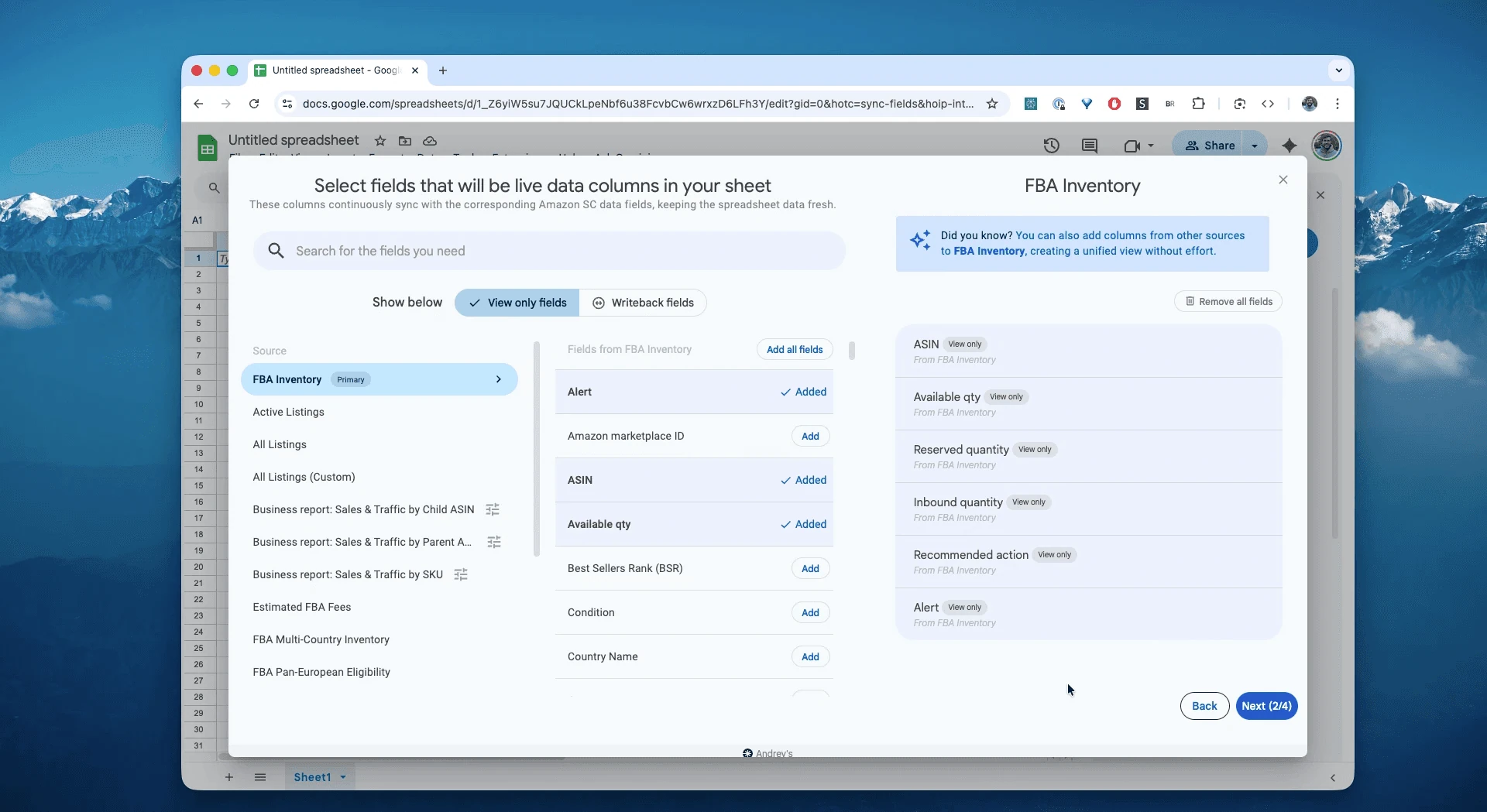 Sélection des colonnes FBA Inventory dans Hopted
