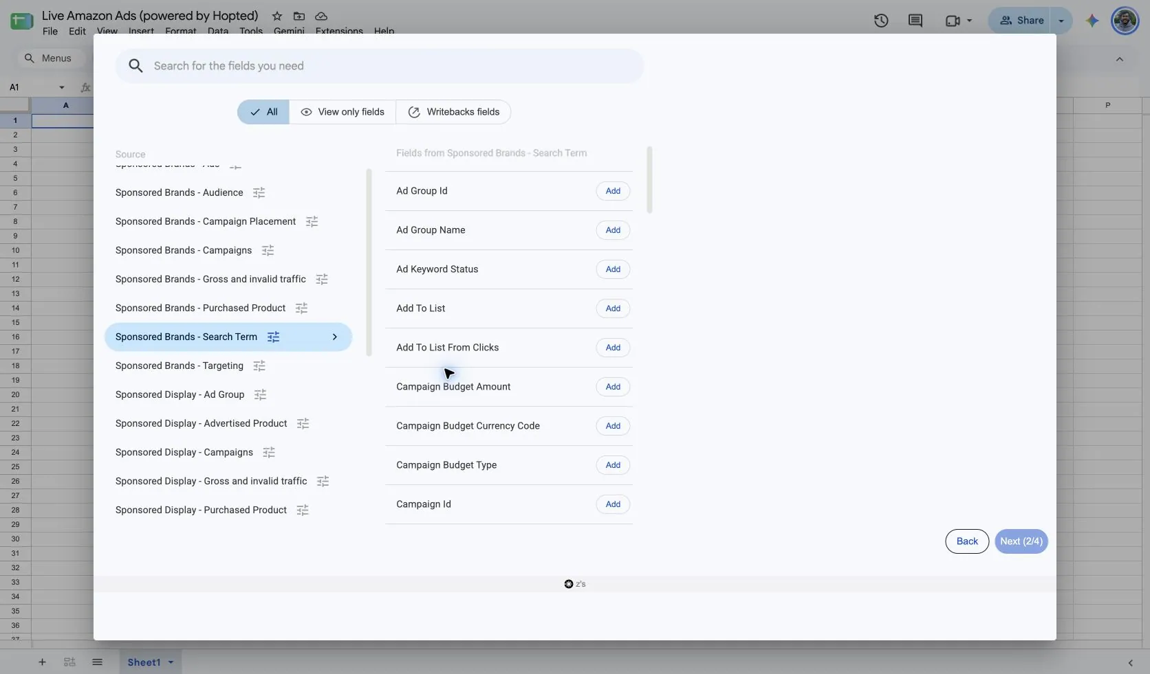 Choose Sponsored Brands - Search Term and its fields in Hopted inside Google Sheets