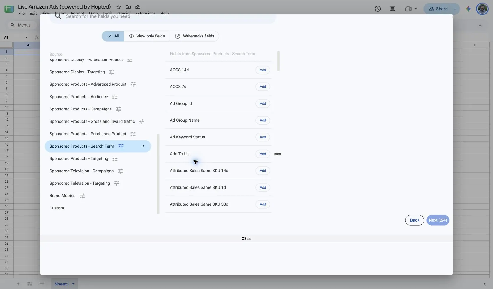 Choose Sponsored Products - Search Term and its fields in Hopted inside Google Sheets