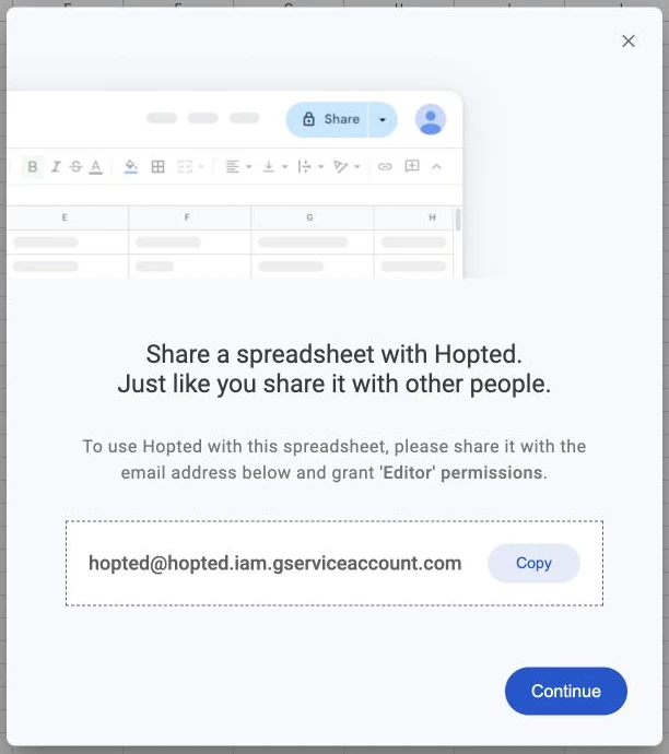 Hopted sharing dialog showing hopted@hopted.iam.gserviceaccount.com, the required Editor permission, Copy and Continue