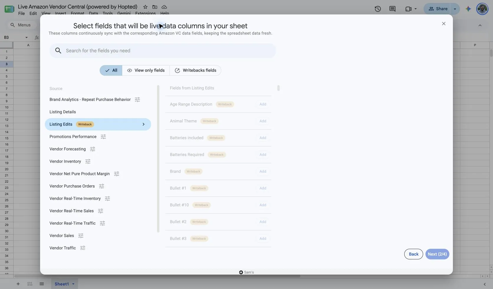 Wybierz pola Listing Edits w Hopted wewnątrz arkusza Google Sheets dla Vendor Central