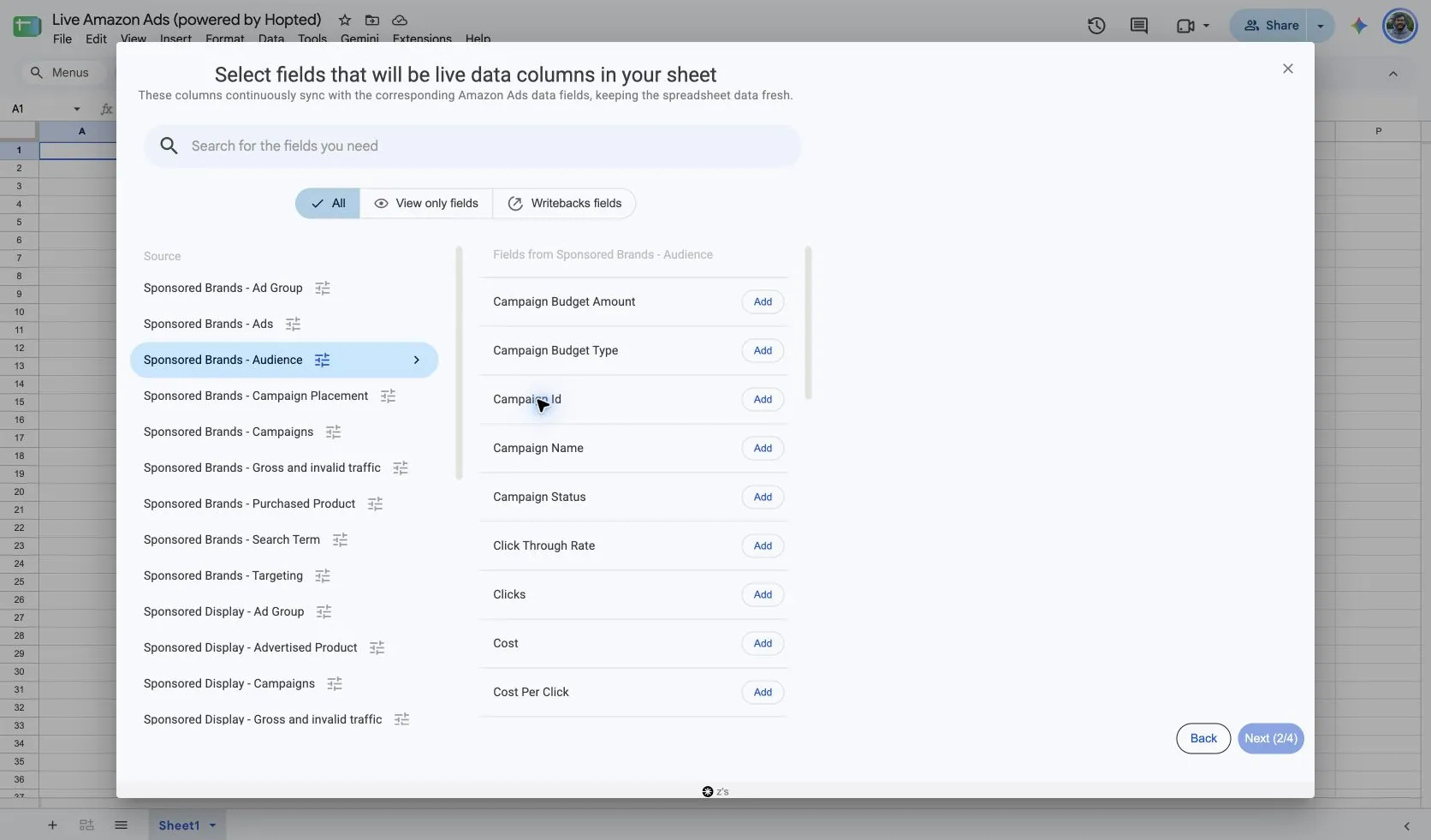 Choose Sponsored Brands - Audience and its fields in Hopted inside Google Sheets
