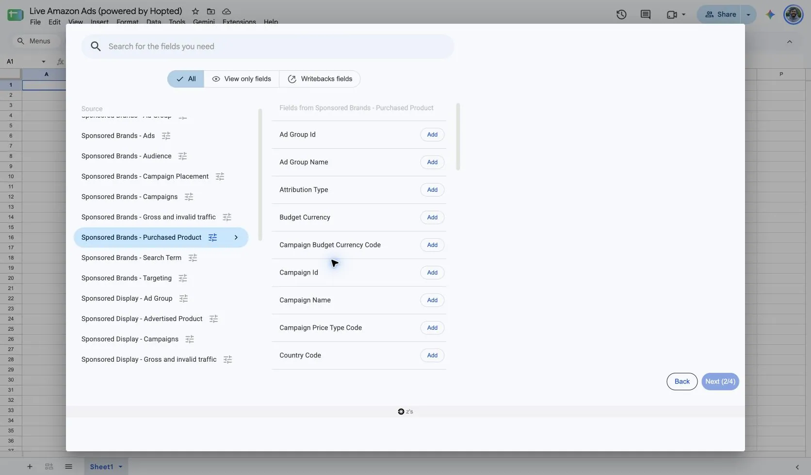 Choose Sponsored Brands - Purchased Product and its fields in Hopted inside Google Sheets