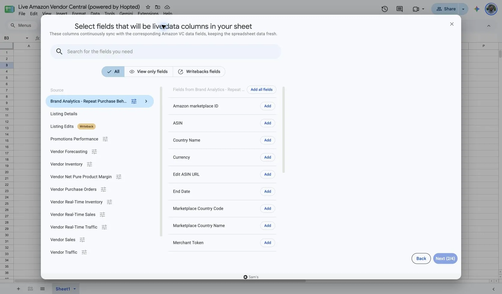 Wybierz pola Brand Analytics - Repeat Purchase Behavior w Hopted wewnątrz arkusza Google Sheets dla Vendor Central