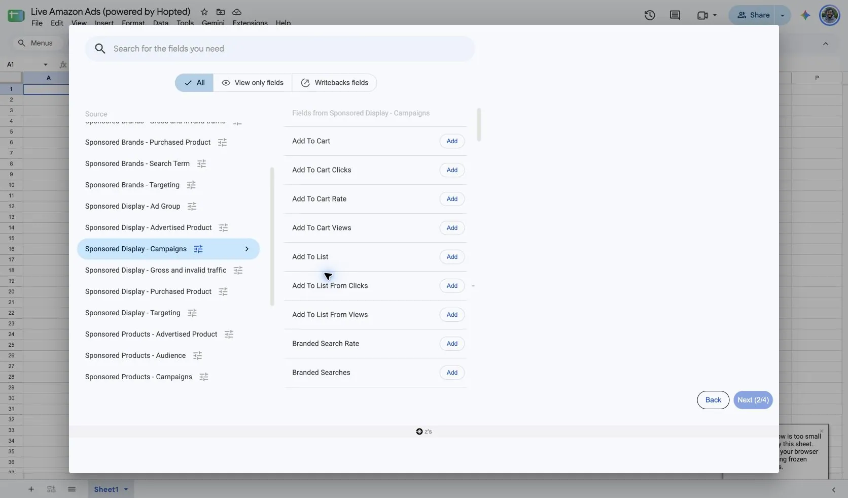 Choose Sponsored Display - Campaigns and its fields in Hopted inside Google Sheets