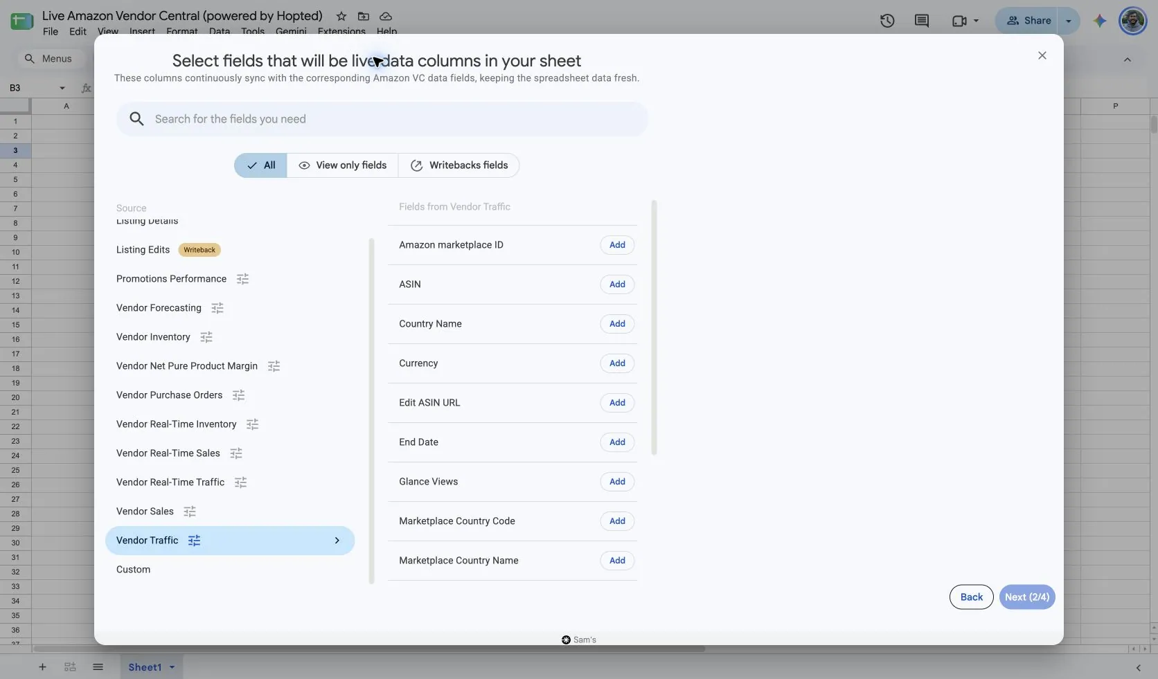 Wybierz pola Vendor Traffic w Hopted wewnątrz arkusza Google Sheets dla Vendor Central