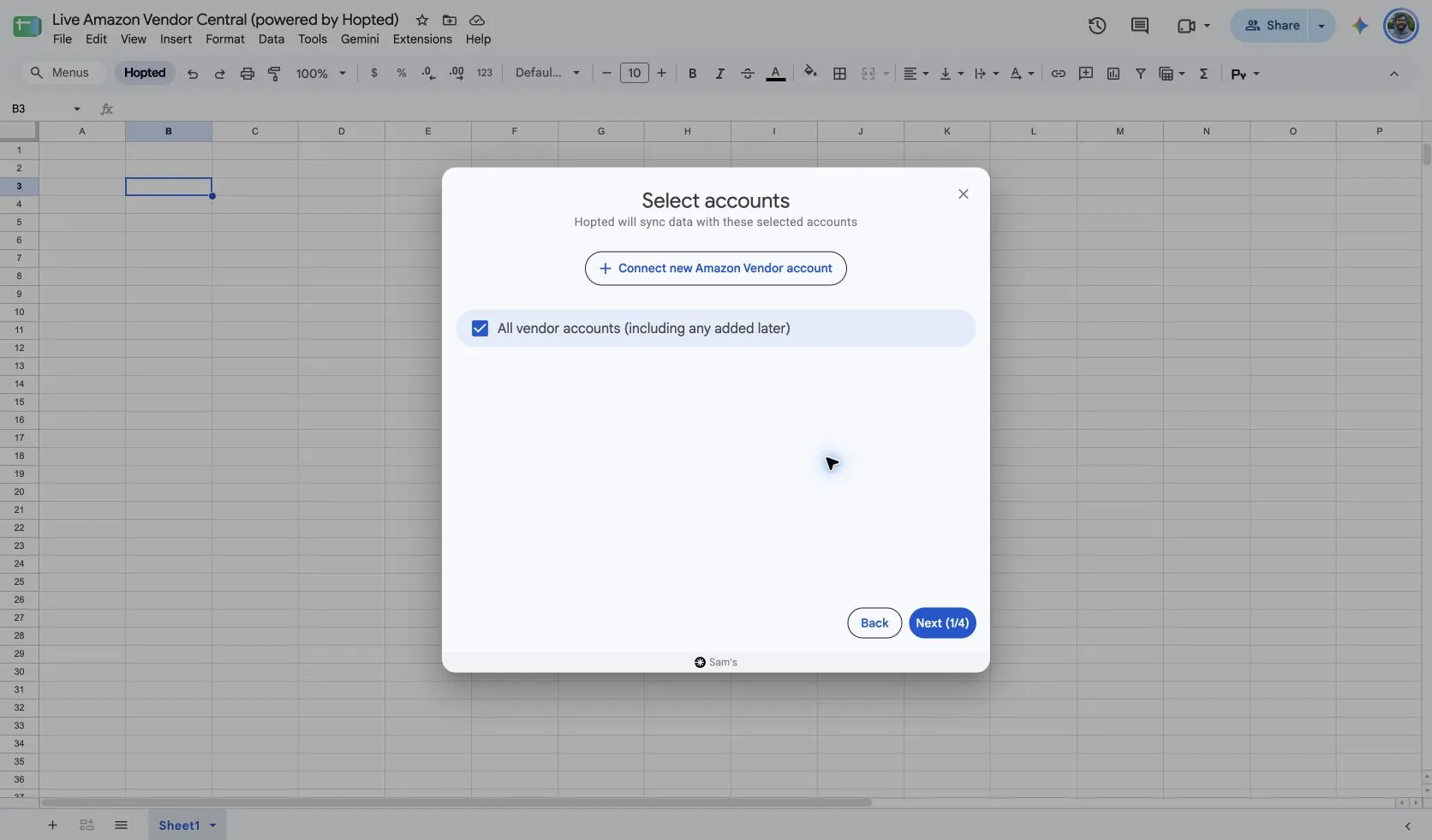 Wybierz połączone konta Amazon Vendor Central w Google Sheets