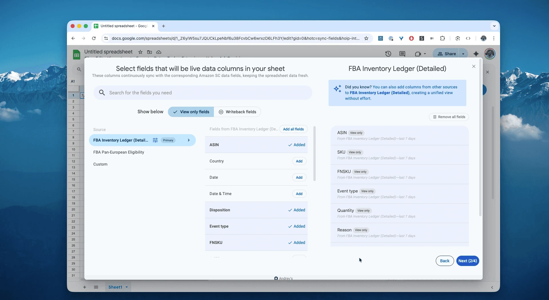 Scelta delle colonne di FBA Inventory Ledger (Detailed) in Hopted