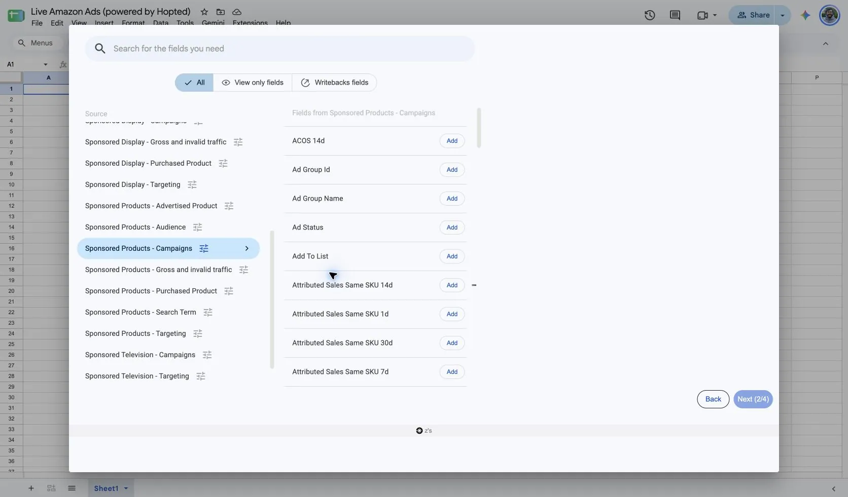 Choose Sponsored Products - Campaigns and its fields in Hopted inside Google Sheets