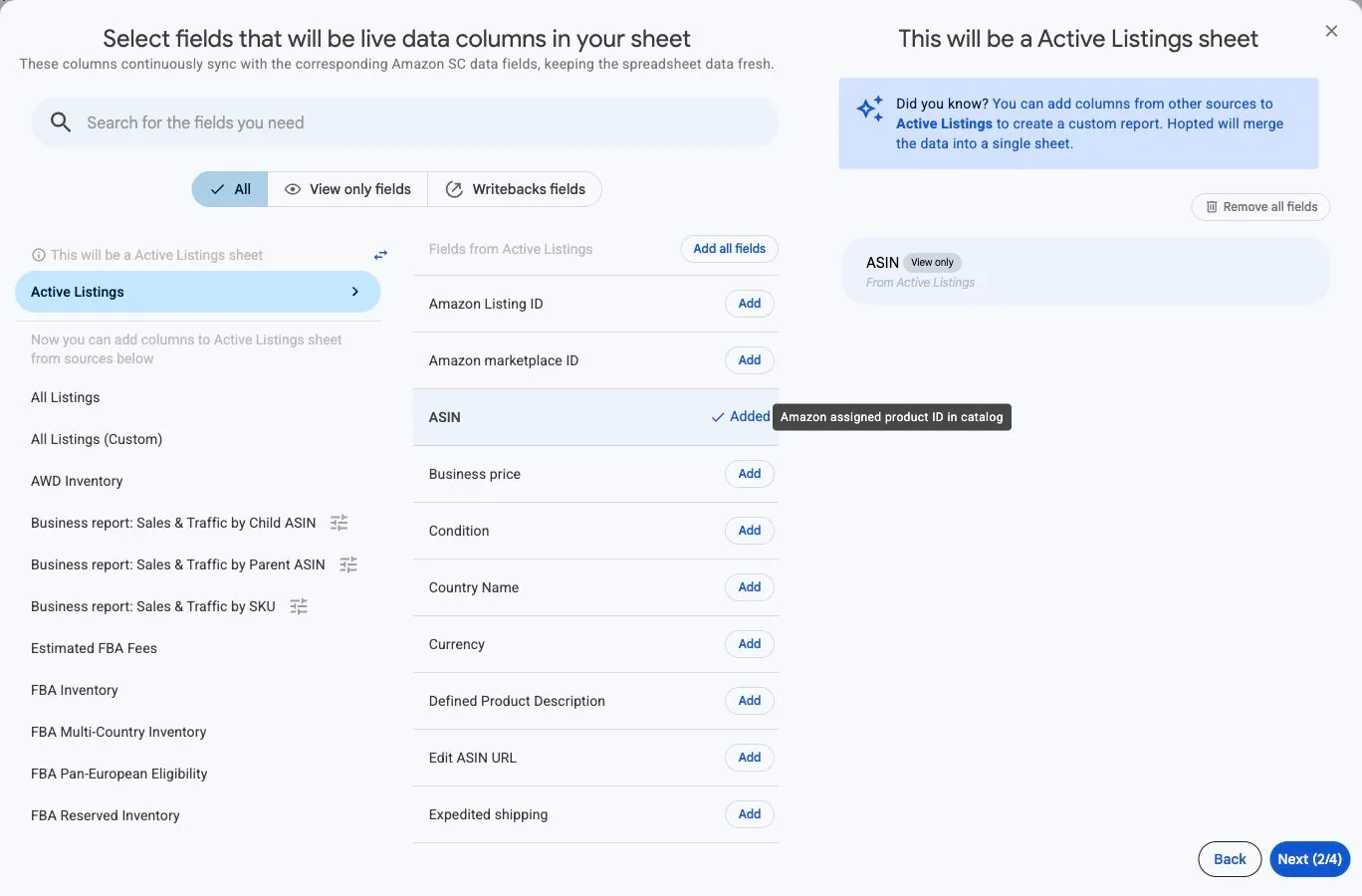 Hopted field picker with source list, field search, View only and Writebacks filters, and ASIN selected