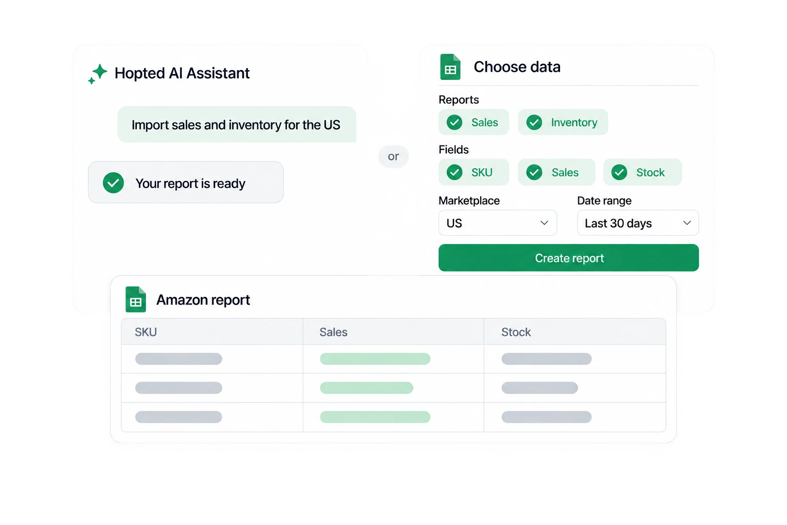 ИИ-ассистент Hopted и ручной выбор данных приводят к одному общему отчёту Google Sheets