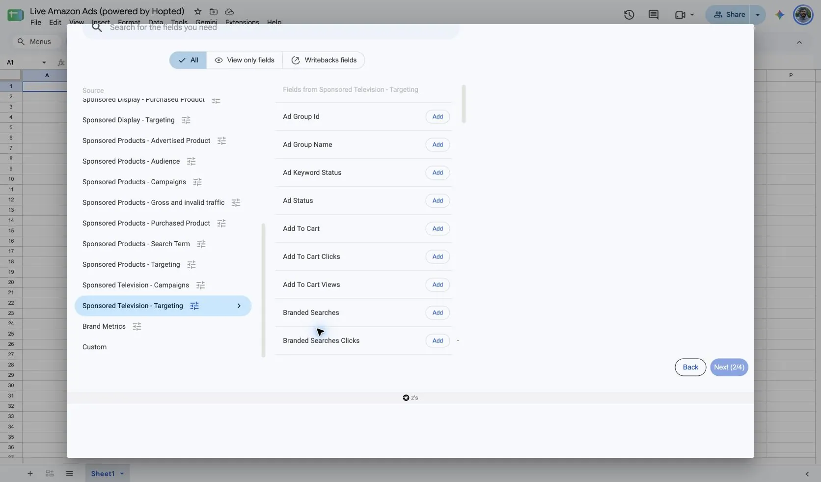 Choose Sponsored Television - Targeting and its fields in Hopted inside Google Sheets