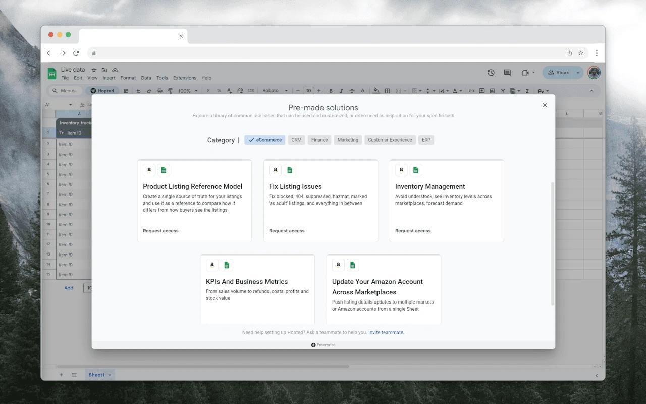 Hopted pre-made Amazon solutions in Google Sheets