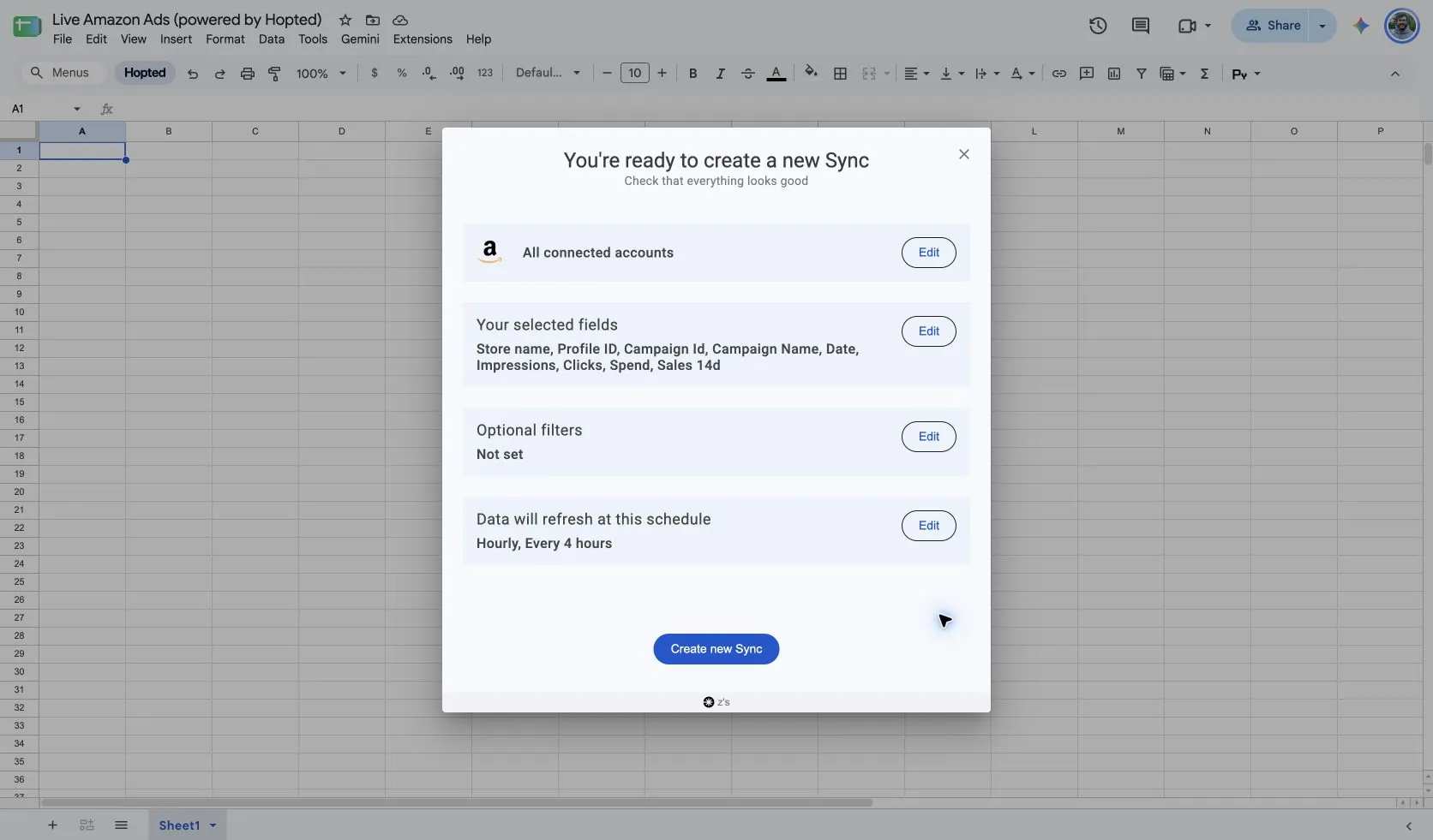 Review the Sponsored Products campaign Sync before creating it