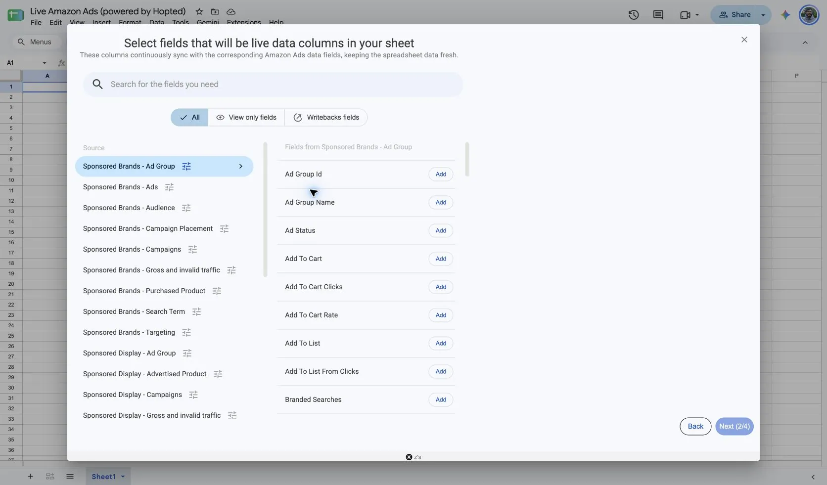 Choose Sponsored Brands - Ad Group and its fields in Hopted inside Google Sheets