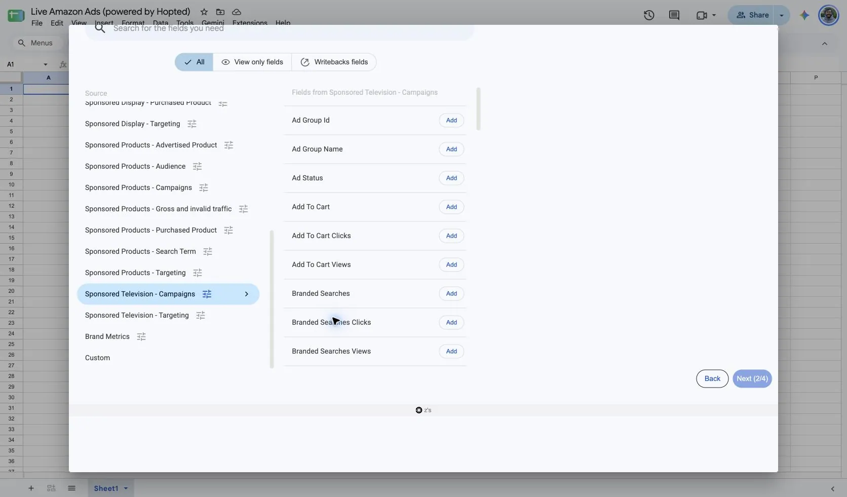 Choose Sponsored Television - Campaigns and its fields in Hopted inside Google Sheets