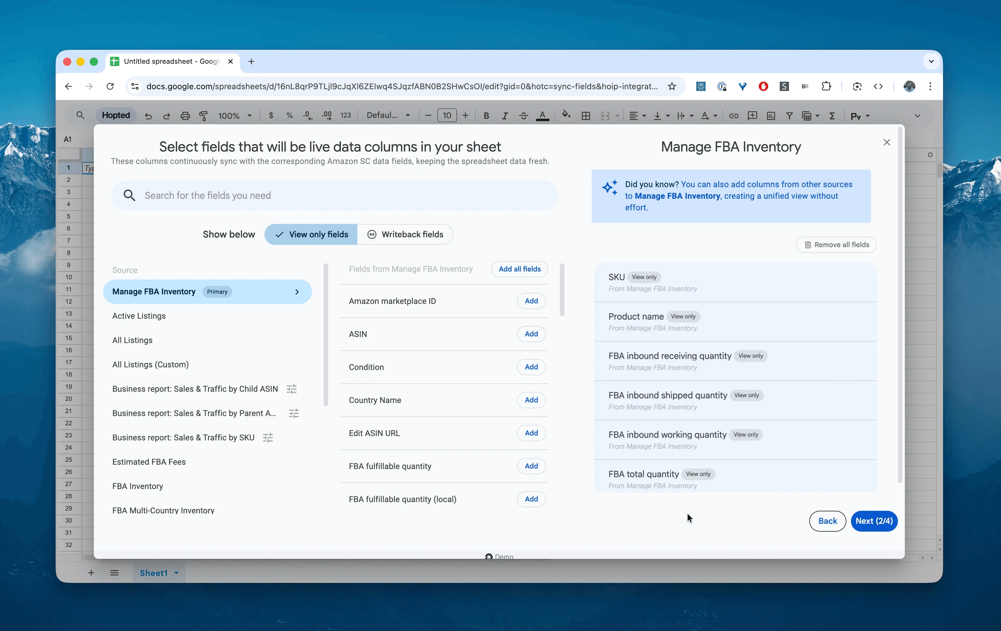 Sélection des colonnes Manage FBA Inventory dans Hopted