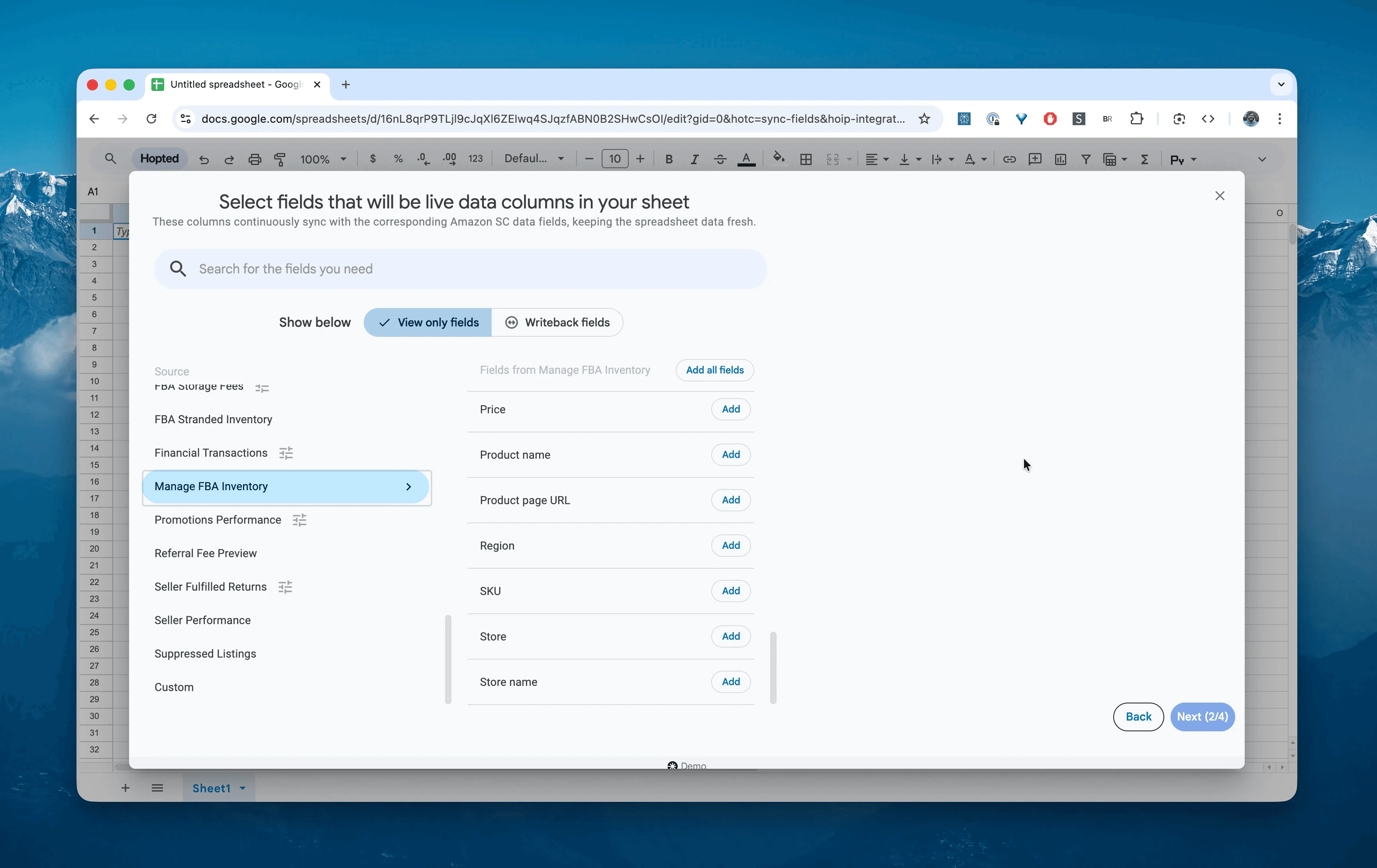 Sélection de Manage FBA Inventory dans Hopted