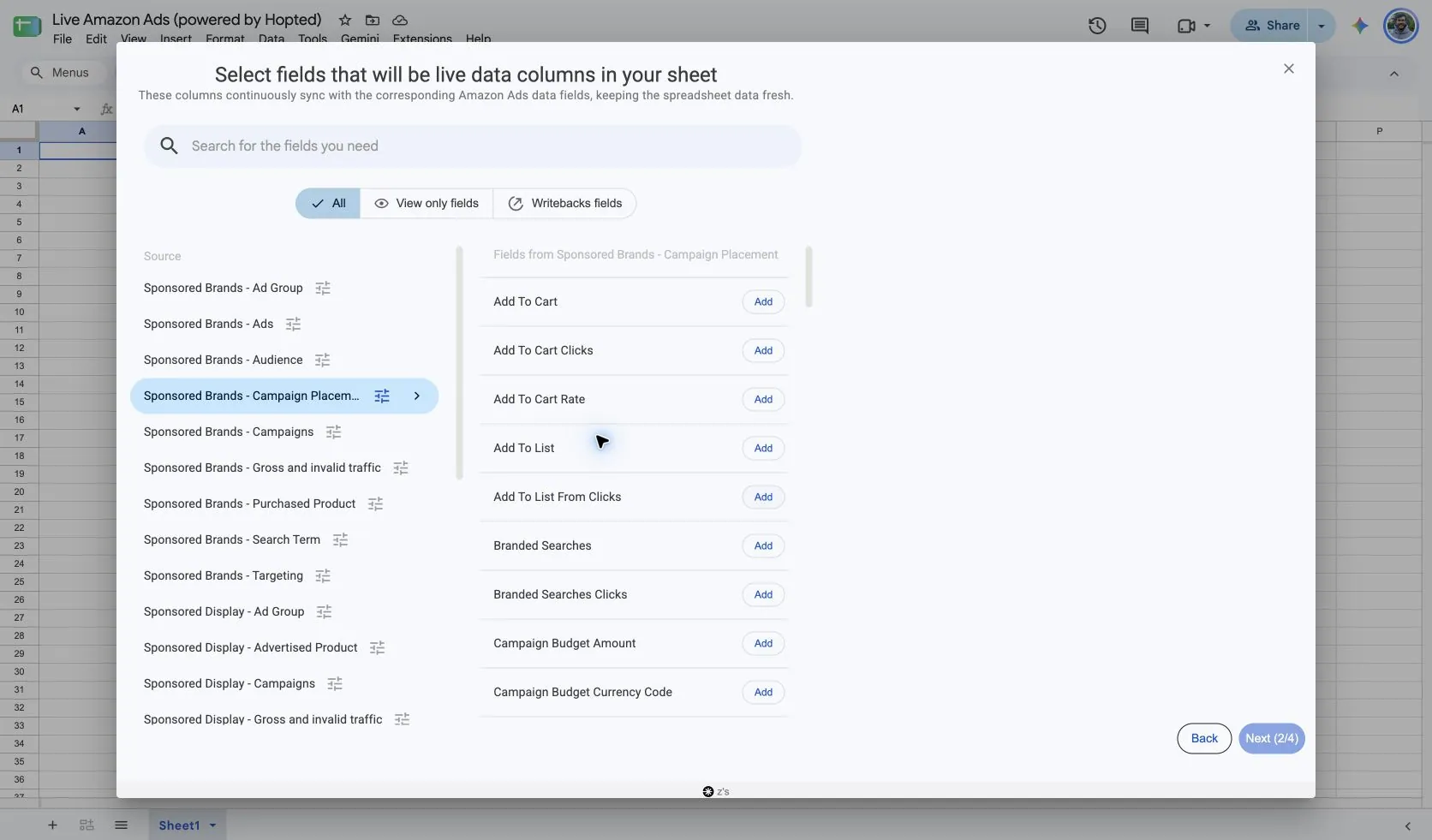 Choose Sponsored Brands - Campaign Placement and its fields in Hopted inside Google Sheets