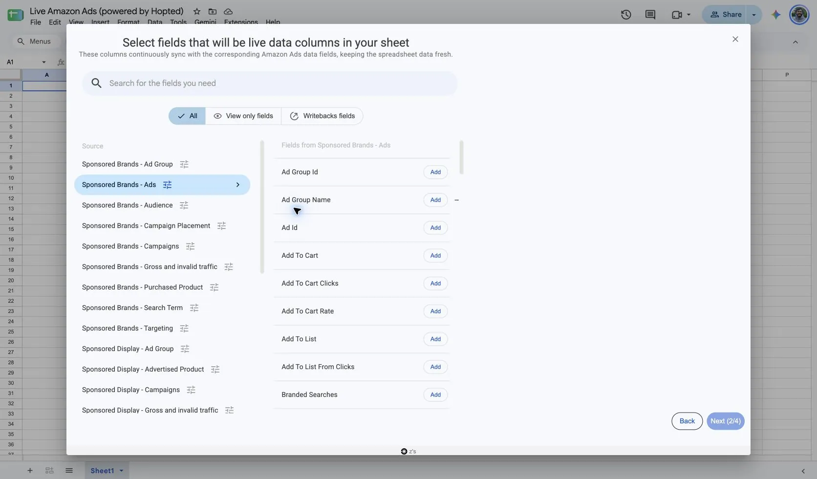 Choose Sponsored Brands - Ads and its fields in Hopted inside Google Sheets