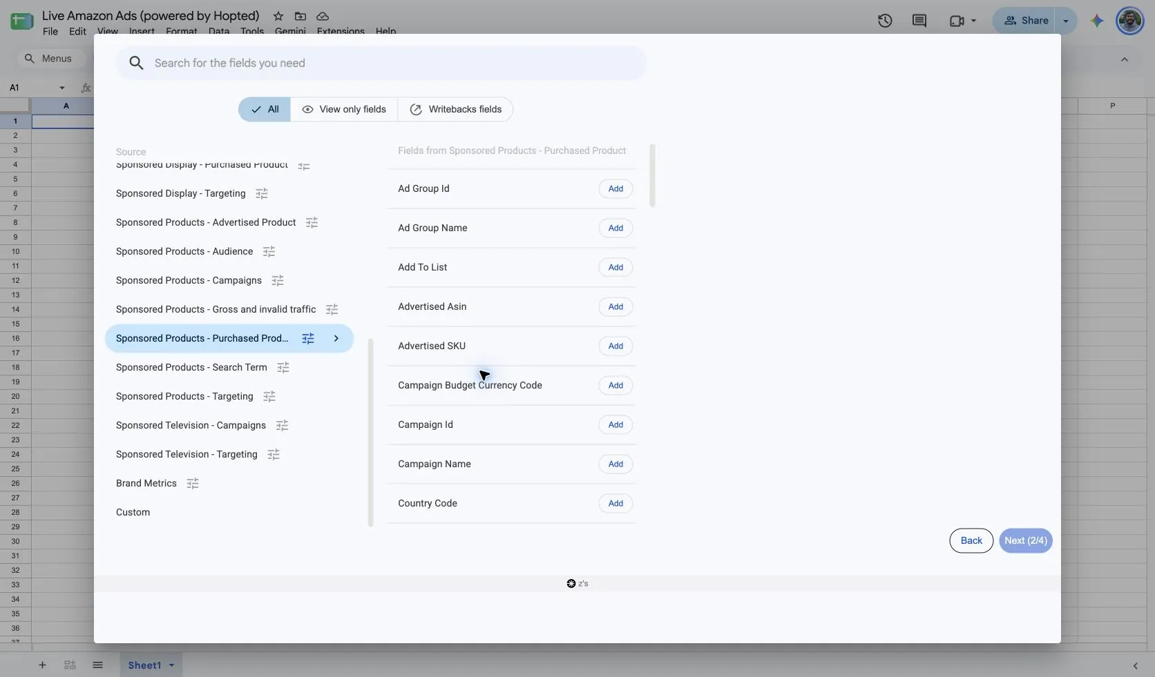 Choose Sponsored Products - Purchased Product and its fields in Hopted inside Google Sheets