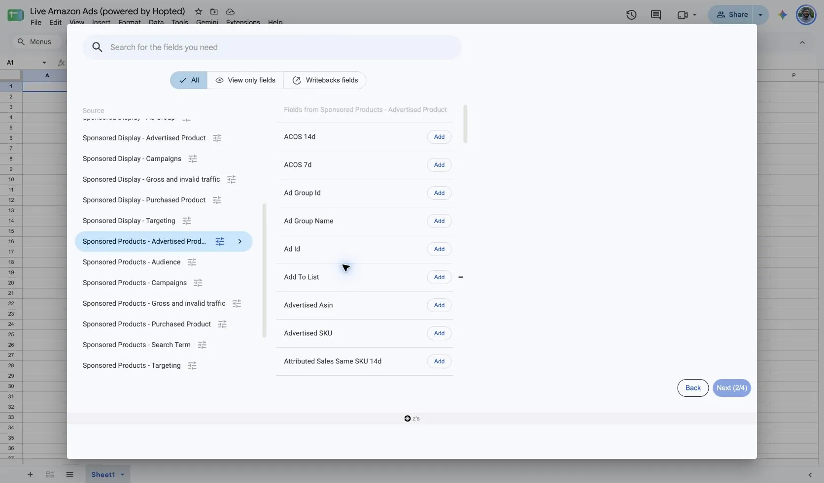 Choose Sponsored Products - Advertised Product and its fields in Hopted inside Google Sheets