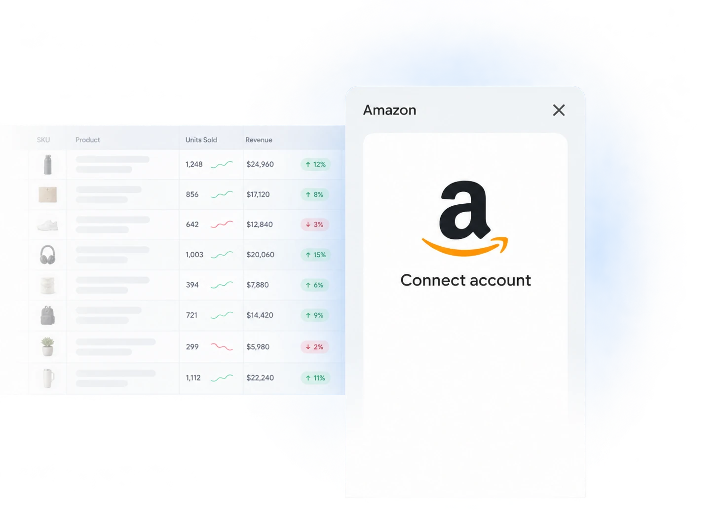 Collegamento a un account Amazon accanto ai dati di vendita nel foglio