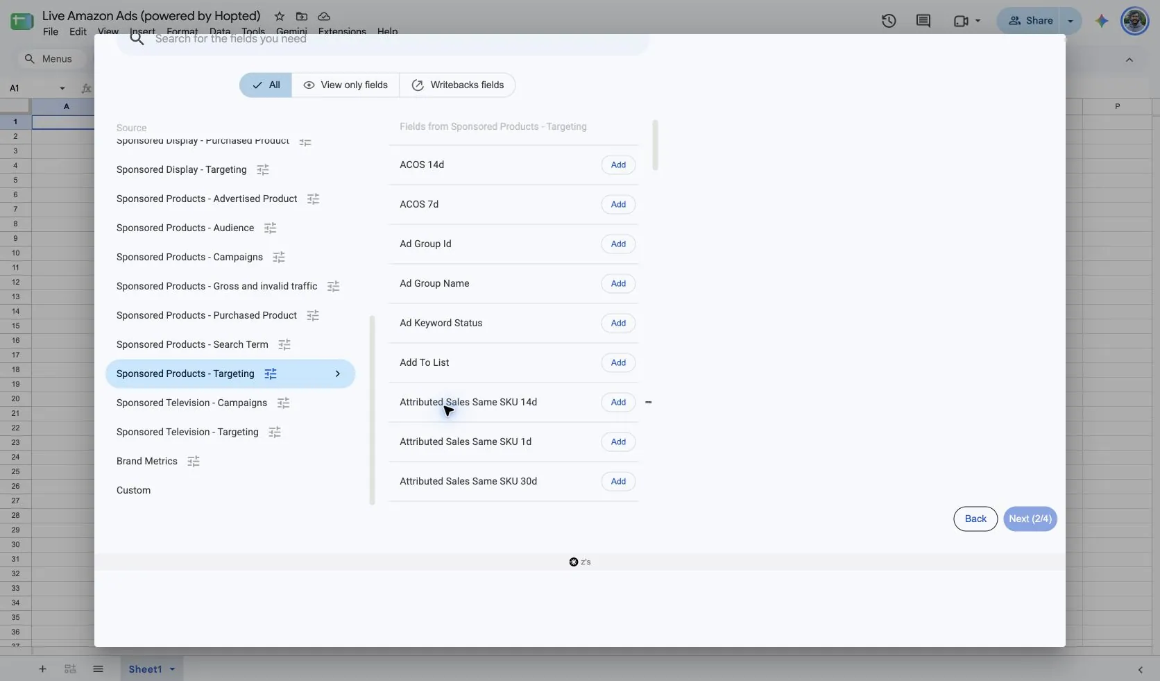 Choose Sponsored Products - Targeting and its fields in Hopted inside Google Sheets