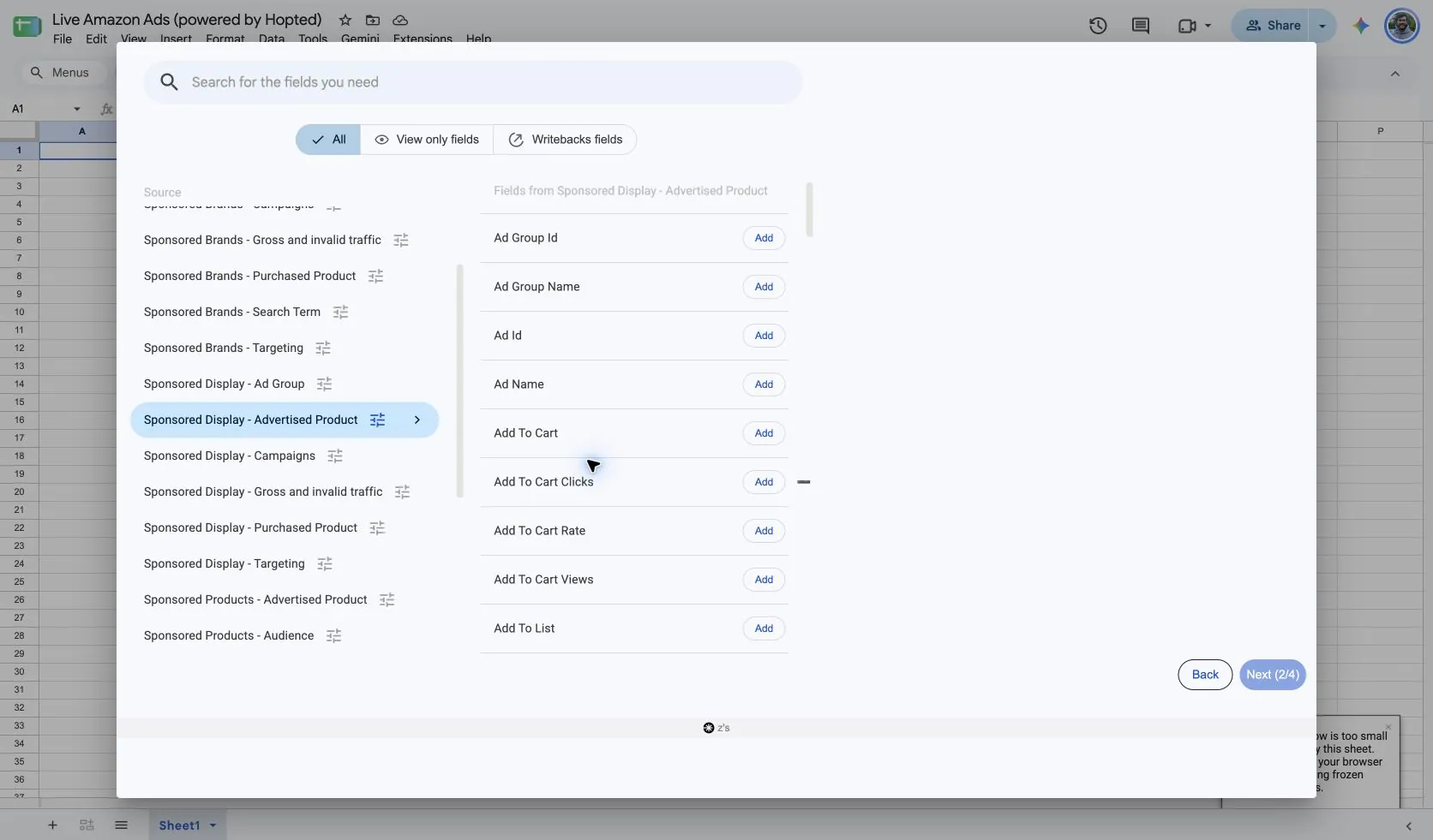 Choose Sponsored Display - Advertised Product and its fields in Hopted inside Google Sheets