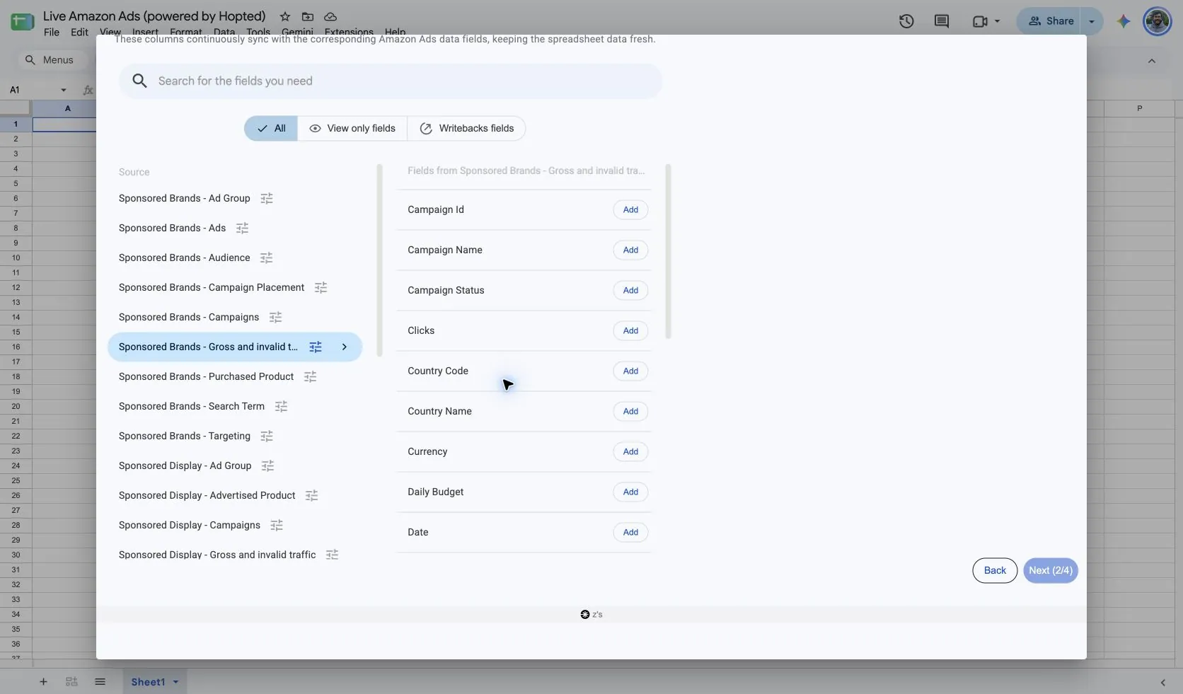 Choose Sponsored Brands - Gross and invalid traffic and its fields in Hopted inside Google Sheets