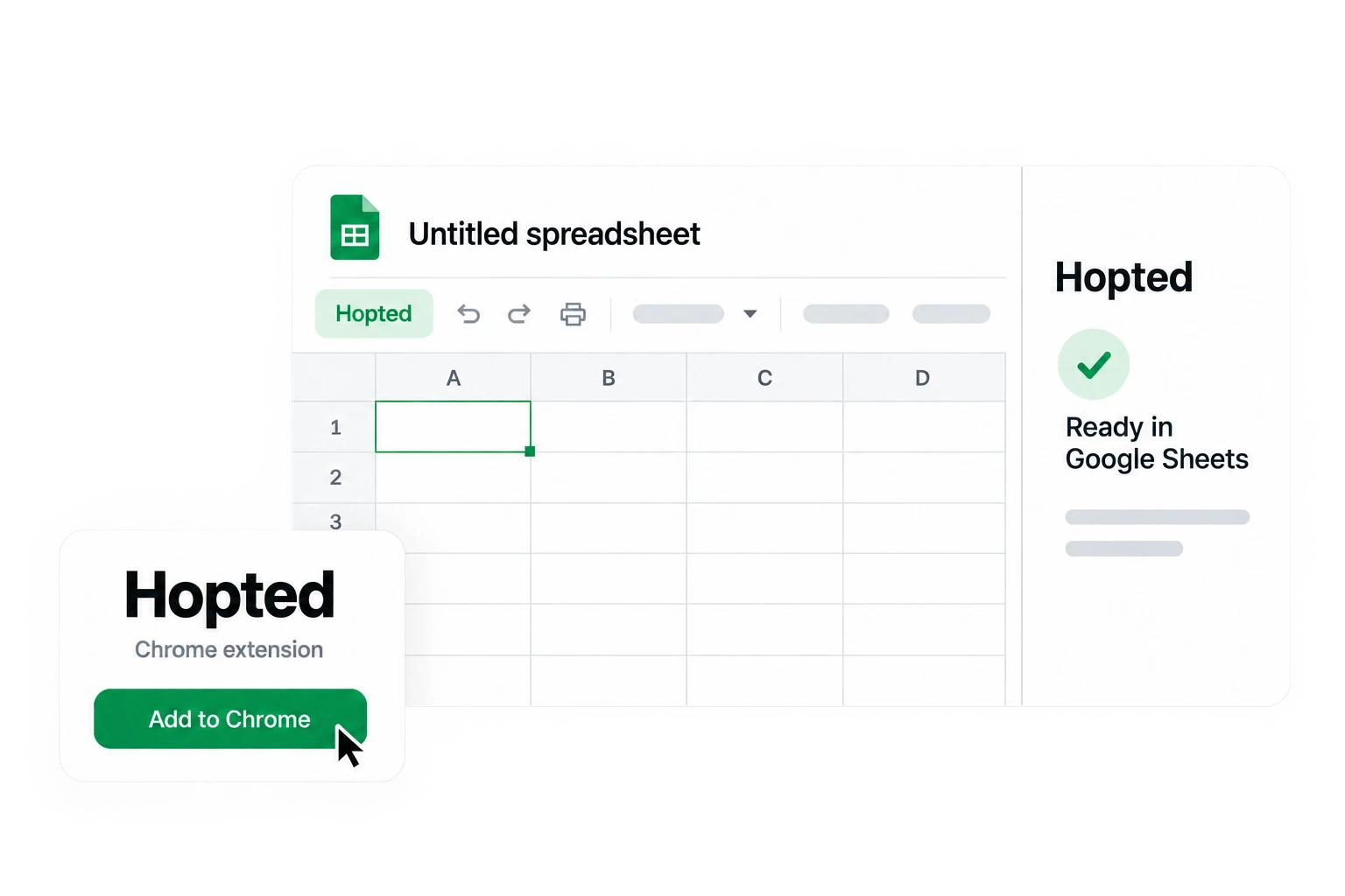 Установка Hopted из Chrome и пустая таблица Google Sheets с кнопкой Hopted слева на панели инструментов
