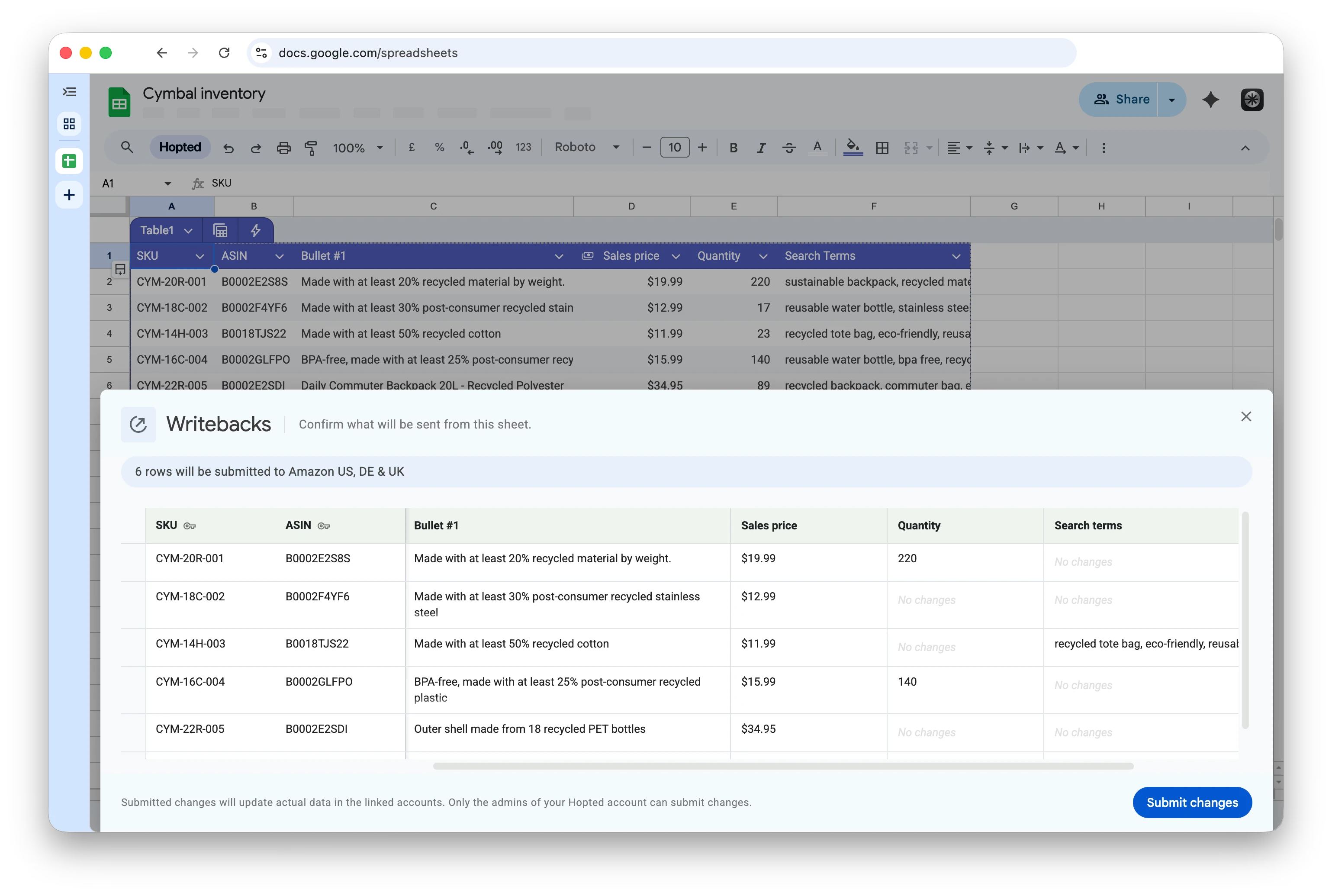 Hopted Writebacks v Google Sheets