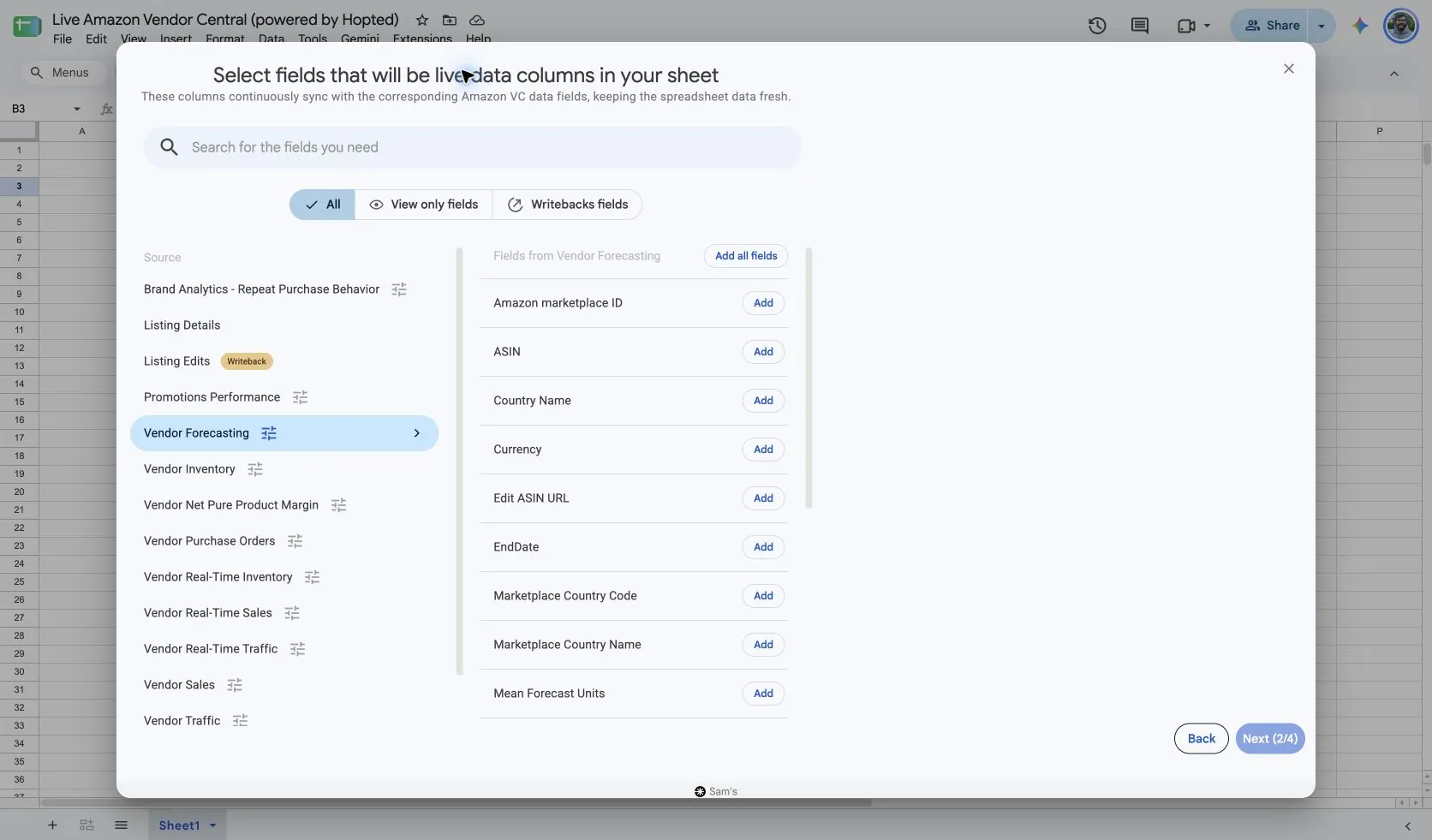 Wybierz pola Vendor Forecasting w Hopted wewnątrz arkusza Google Sheets dla Vendor Central