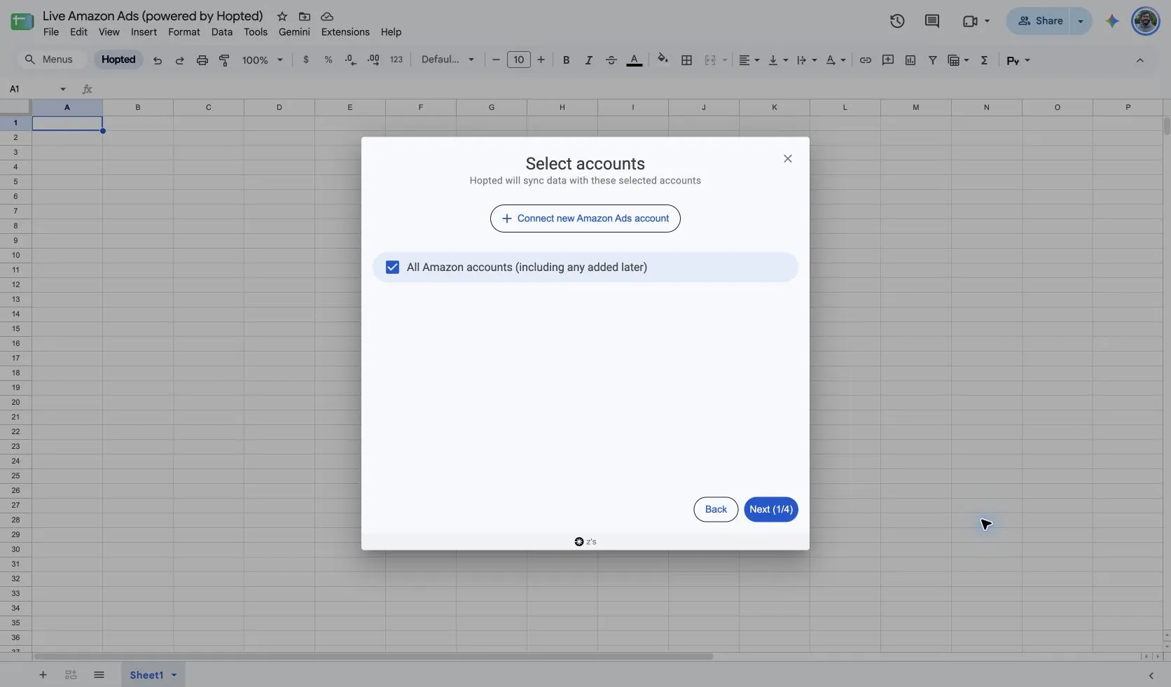 Select connected Amazon Ads accounts in Google Sheets